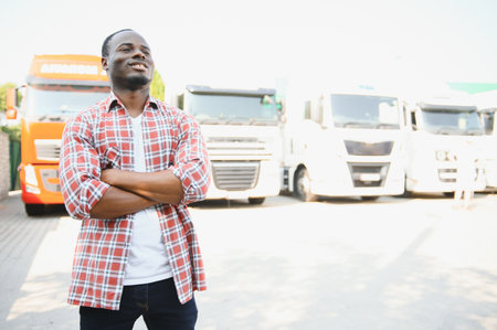 Truck Driver man African American muscular smiling, in long-time business transportation and delivery.の写真素材