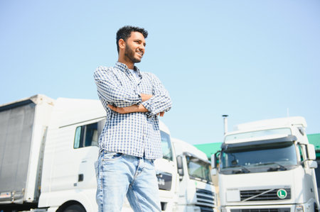 Young Indian truck driver. concept of road freight transportationの写真素材