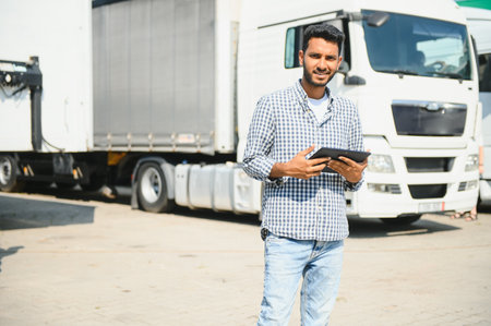 Young indian man standing by his truck. The concept of freight transportationの写真素材