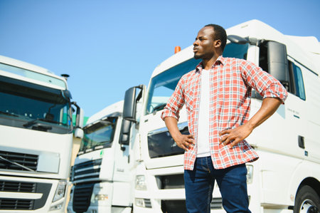 front view. Young african truck driver is with his vehicle at daytimeの写真素材