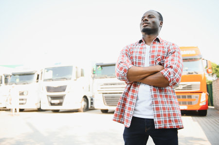 Black man truck driver near his truck parked in a parking lot at a truck stopの写真素材