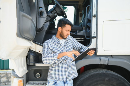 Logistics, delivery car and man with clipboard paperwork or checklist for stock, product distribution or shipping info. Supply chain industry, courier service and happy van or truck driver working.の写真素材