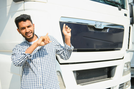 Young indian man standing by his truck. The concept of freight transportationの写真素材