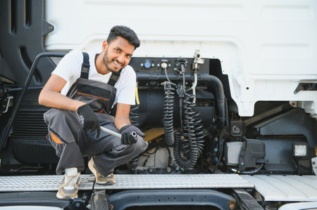 Indian Mechanic repairing the truck.の写真素材