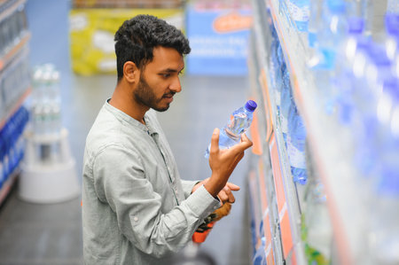 Portrait of happy Indian man standing in front of the product counter in a grocery store. Man buying groceries for home in supermarketの写真素材