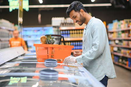 Portrait of happy Indian man standing in front of the product counter in a grocery store. Man buying groceries for home in supermarketの写真素材