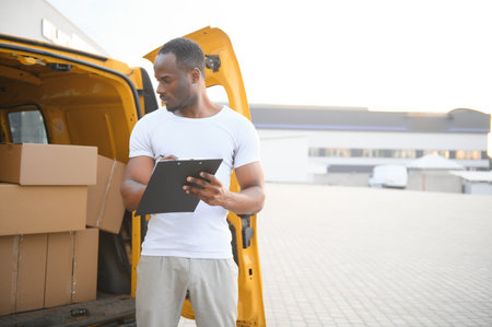 Logistics, delivery car and man with clipboard paperwork or checklist for stock, product...