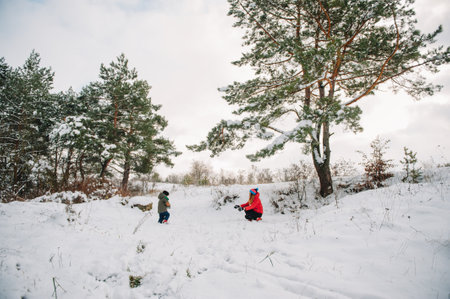 Mother and little toddler boy walking in the winter forest and having fun with snow. Family enjoying winter. Child and mom watching falling snow outdoors. Winter lifestyle concept.の写真素材