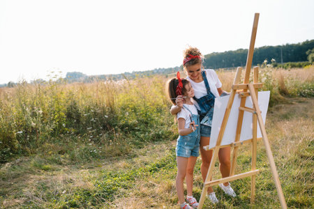 Beautiful mother and daughter. Family in a summer park. little girl drawing.の写真素材