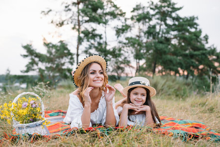 happy woman smiling and playing with her cute little child, lying outdoor.Loving mother and daughter spend time together in a park. Mom and kid has fun. mother's day.の写真素材
