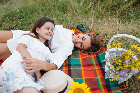 Top view of happy woman smiling and playing with her cute little child, lying outdoor.Loving mother and daughter spend time together in a park. Mom and kid has fun. mother's day.の写真素材