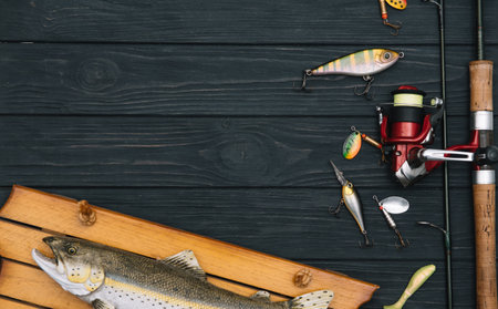 Fishing tackle - fishing spinning, hooks and lures on darken wooden background. top view.の写真素材