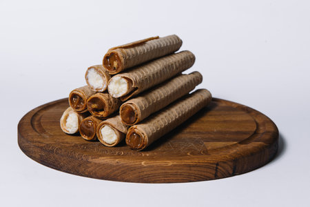 waffle rolls with filling isolated on white background close-upの写真素材