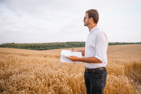 young farmer engineer standing on wheat field.の写真素材