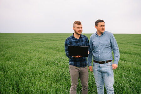 Two farmer standing in a wheat field and looking at laptop, they are examining corp. Young handsome agronomist. Agribusiness concept. agricultural engineer standing in a wheat fieldの写真素材
