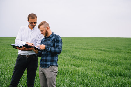 Two farmer standing in a wheat field and looking at tablet, they are examining corp. Young handsome agronomist. Agribusiness concept. agricultural engineer standing in a wheat fieldの写真素材