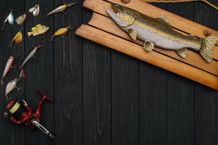 Fishing tackle - fishing spinning, hooks and lures on darken wooden background. top view.