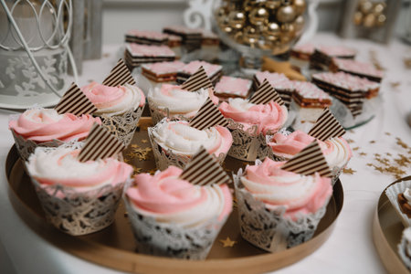 desserts with fruits, mousse, biscuits. Different types of sweet pastries, small colorful sweet cakes, macarons, and other desserts in the sweet buffet. candy bar for birthday.の写真素材