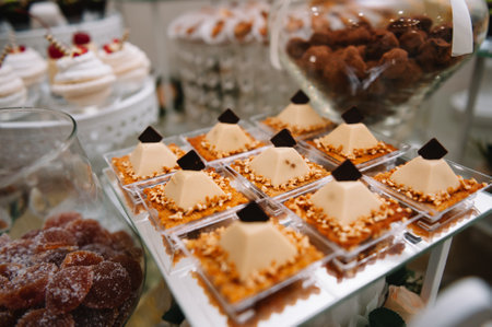desserts with fruits, mousse, biscuits. Different types of sweet pastries, small colorful sweet cakes, macarons, and other desserts in the sweet buffet. candy bar for birthdayの写真素材