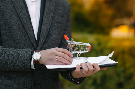 Grocery store chain management, retailing and daily consumer goods trade concept. Business man in a suit with a small miniature shopping cart.の写真素材