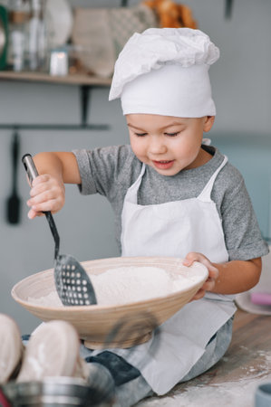 Young boy cute on the kitchen cook chef in white uniform and hat near table. homemade gingerbread. the boy cooked the chocolate cookies.の写真素材