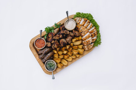 Most meat dish - beef kebabs, sausages, grilled mushrooms, potatoes, tomatoes and sauce. The best choice for a beer. Close up on a white background.の写真素材