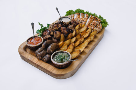 Most meat dish - beef kebabs, sausages, grilled mushrooms, potatoes, tomatoes and sauce. The best choice for a beer. Close up on a white background.の写真素材