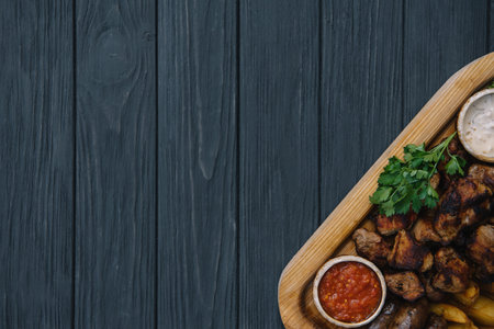 Most meat dish - beef kebabs, sausages, grilled mushrooms, potatoes, tomatoes and sauce. The best choice for a beer. Close-up on a wooden backgroundの写真素材