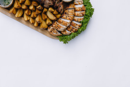 Most meat dish - beef kebabs, sausages, grilled mushrooms, potatoes, tomatoes and sauce. The best choice for a beer. Close up on a white background.の写真素材