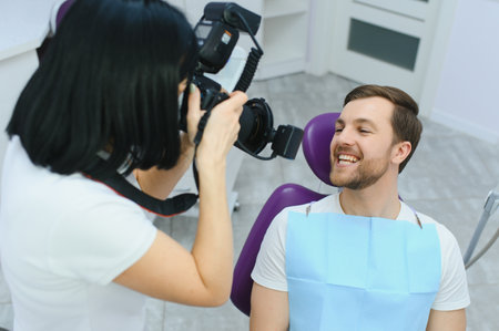 Man having teeth examined at dentists.
