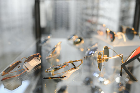 Stand with sunglasses. Sale the city market or in the store sunglasses. Trendy sunglasses, Summer eyeglasses, fashion collection, Different sunglasses on a stand.の写真素材