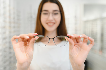 Young Woman with Eyeglasses in Optical Store - Beautiful girl wearing glasses in optician shop.の写真素材