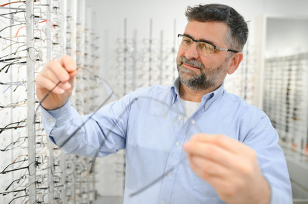 Handsome senior man choosing eyeglasses frame in optical storeの写真素材