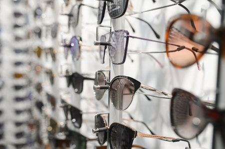 Stand with sunglasses. Sale the city market or in the store sunglasses. Trendy sunglasses, Summer...