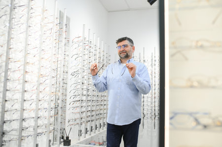Handsome senior man choosing eyeglasses frame in optical store