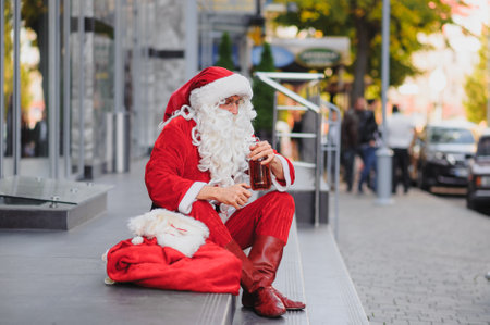 santa claus drinking a bottle of whiskey on the streetの写真素材