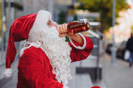 santa claus drinking a bottle of whiskey on the streetの写真素材
