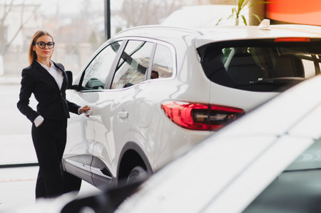 business woman in auto salon. concept of female driverの写真素材