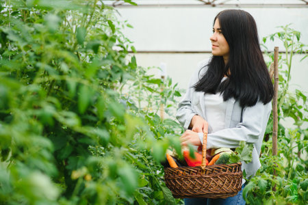 Gardening and agriculture concept. Young woman farm worker with basket picking fresh ripe organic...