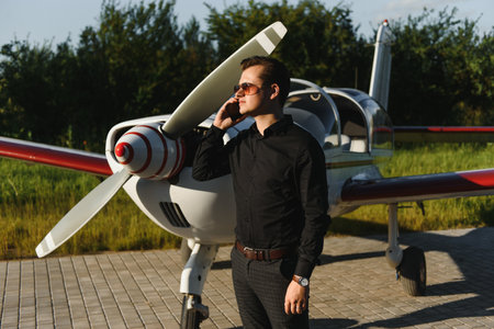 Young handsome businessman is standing near private plane. Confident and successful man in airport.の写真素材