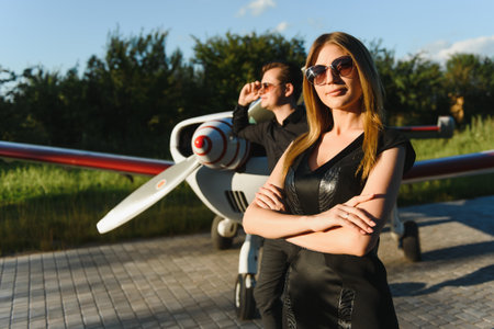 Beautiful young stylish couple in official clothes is standing near private plane. Hugging and kissing in the airport in front of the airplane.の写真素材