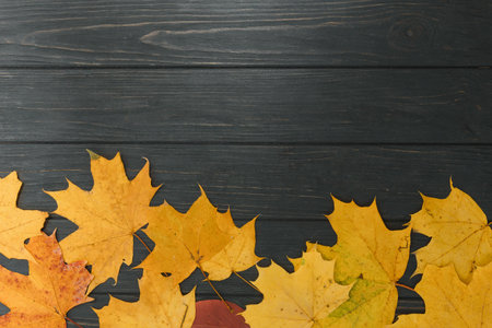 Textured vintage rustic wooden background with autumn yellow leaves