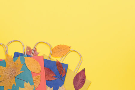 craft shopping bags surrounded by yellow and orange fallen autumn leaves, the concept of autumn...