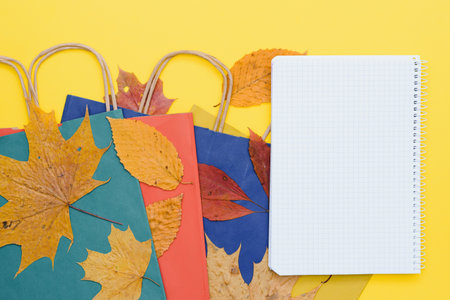 craft shopping bags surrounded by yellow and orange fallen autumn leaves, the concept of autumn...