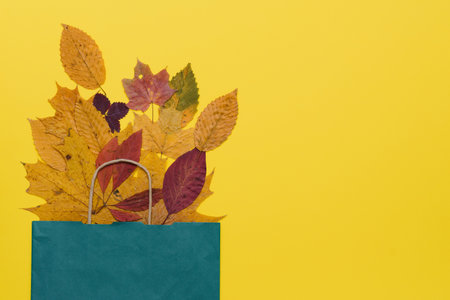 Autumn shopping with discounts. autumn sales. Crafting beige paper shopping bag, from which look out autumn yellow leaves.の写真素材