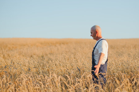 Worried gray haired agronomist or farmer using a tablet while inspecting organic wheat field before the harvest. Back lit sunset photo. Low angle view.の写真素材