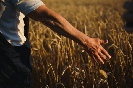 hands pluck a bunch of wheat in order to check for the maturation of cereals in the field. the...