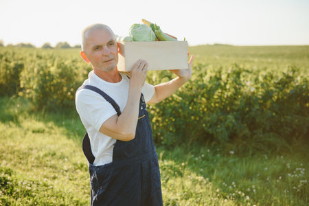 Man with wooden box of vegetables in field. Farmingの写真素材