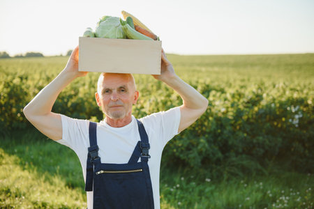farmer carrying box of picked vegetables