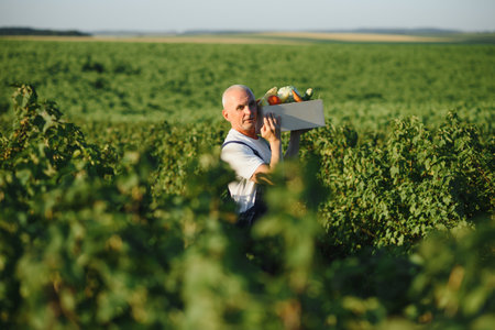 Senior man lifting box full of seasonal vegetables. The concept of healthy eatingの写真素材